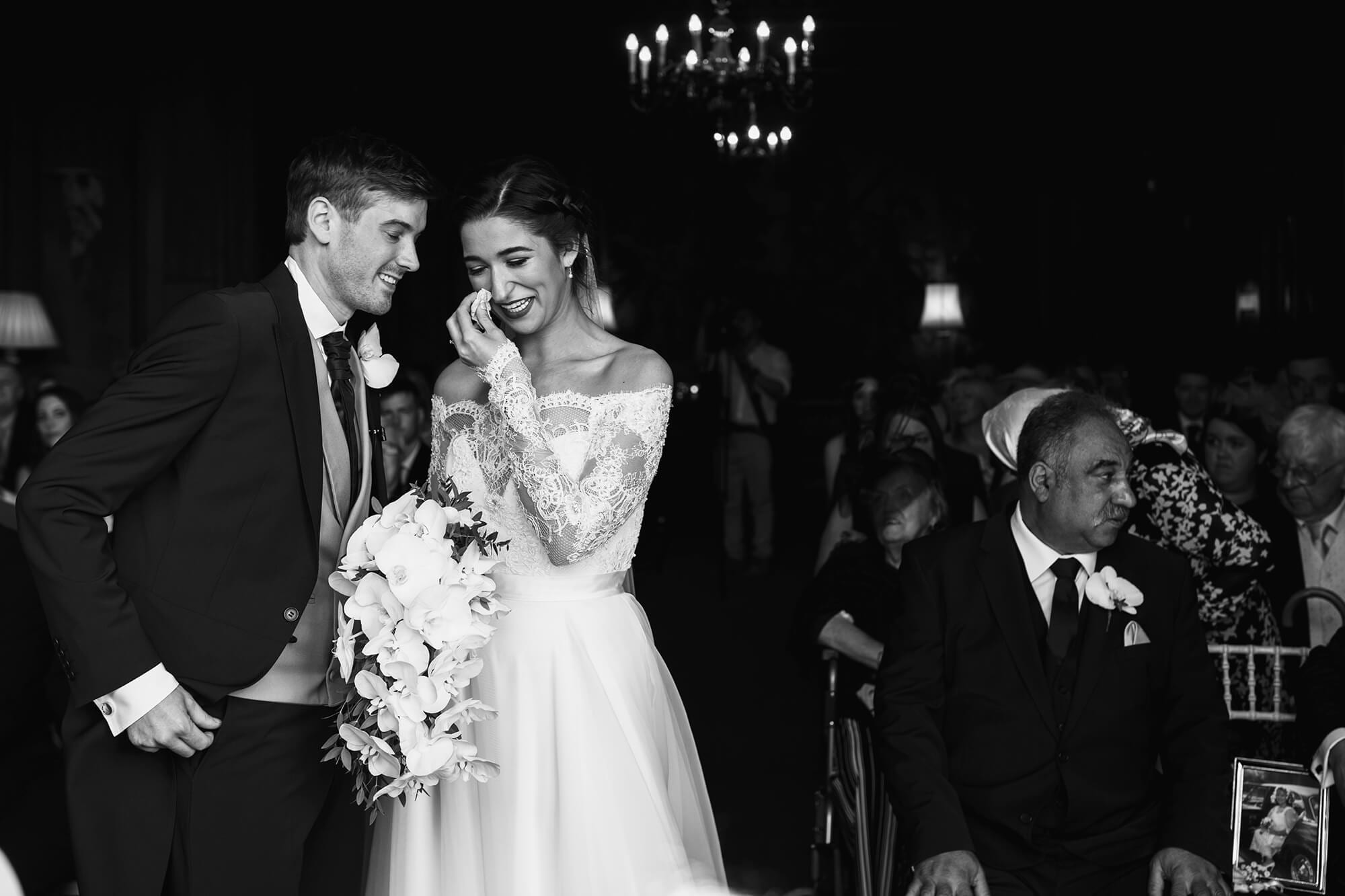 Bride and groom showing emotion Thornton