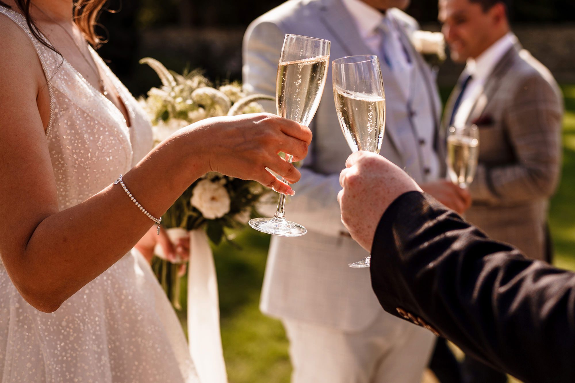 champagne glasses together in the sunlight