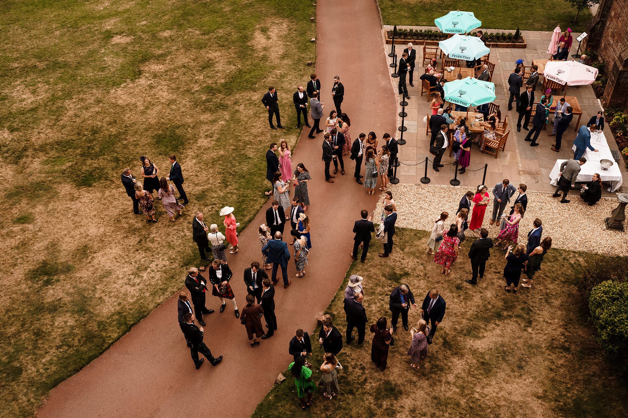 wedding guests at peckfoton castle from above