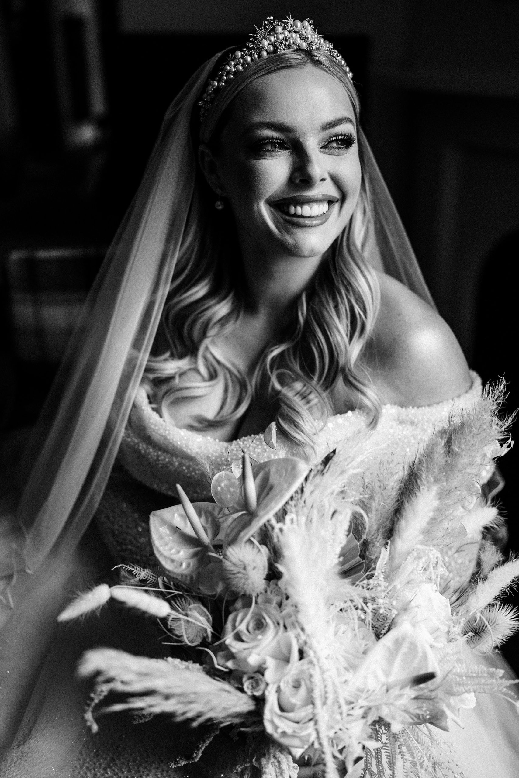 bride smiling in her granary estates wedding photography
