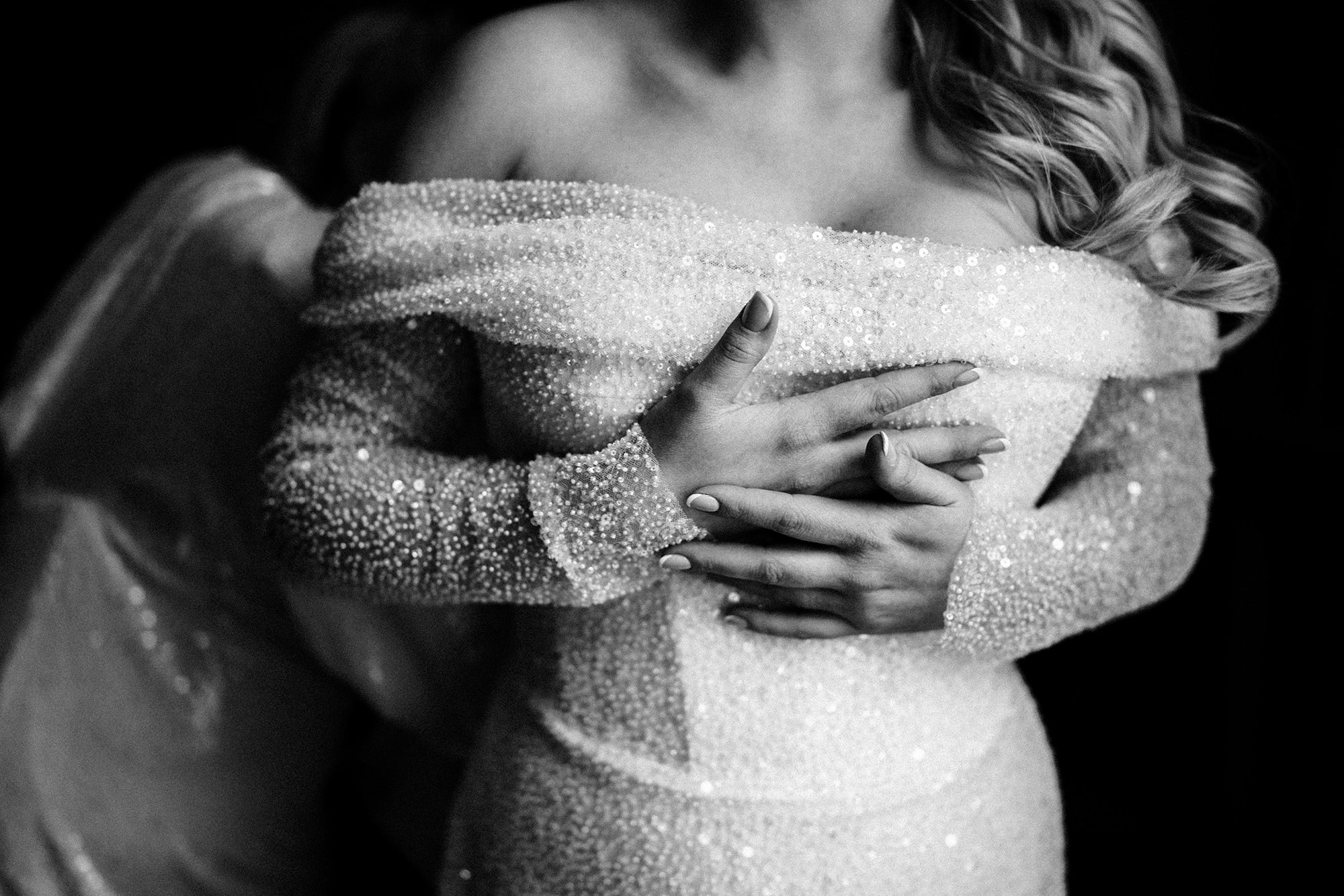 close up of brides wedding dress