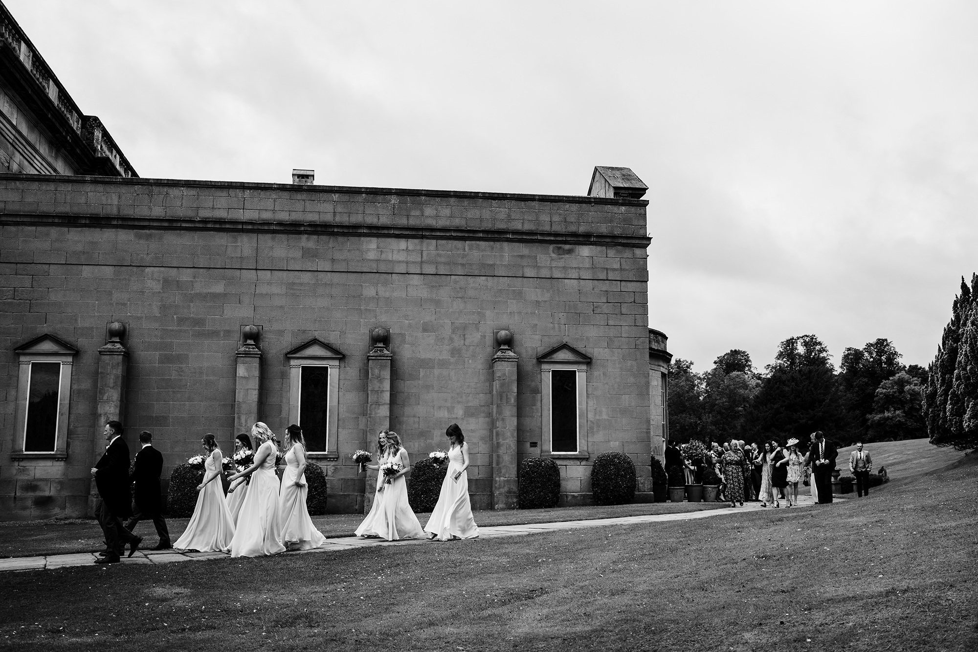 bridal party walking from Wynyard hall wedding