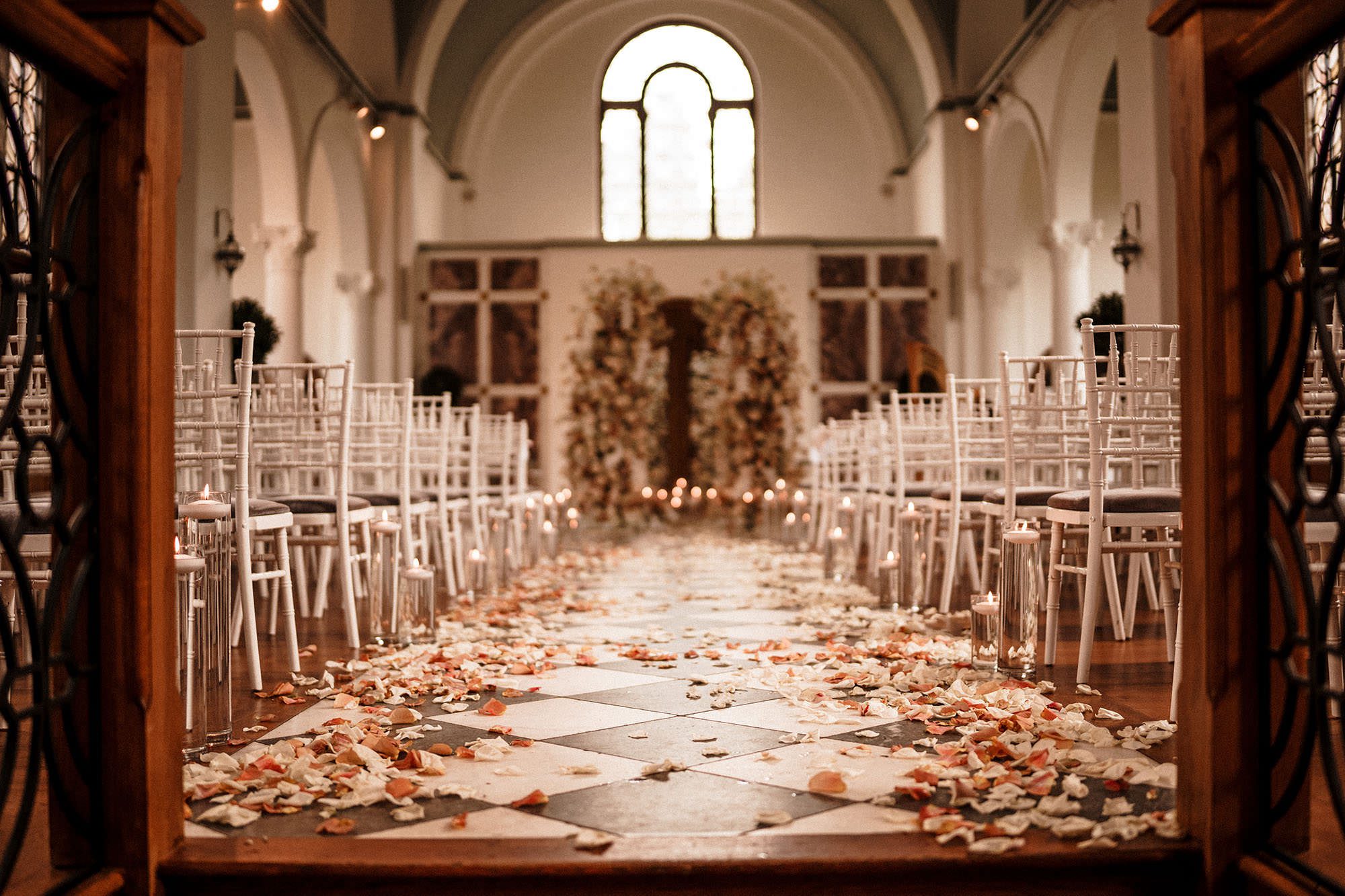 peteal on floor for luxury wedding at Hawkstone Hall