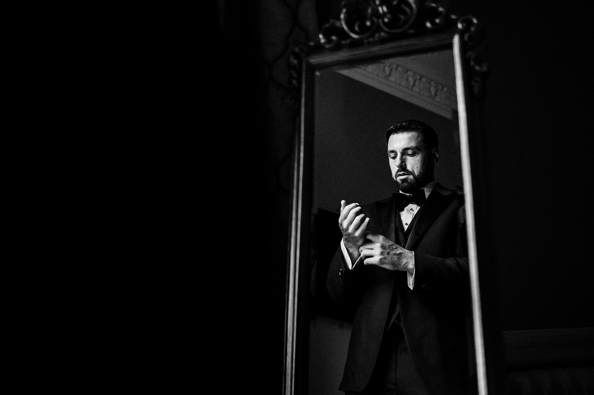 groom in tuxedo at Hawkstone Hall wedding