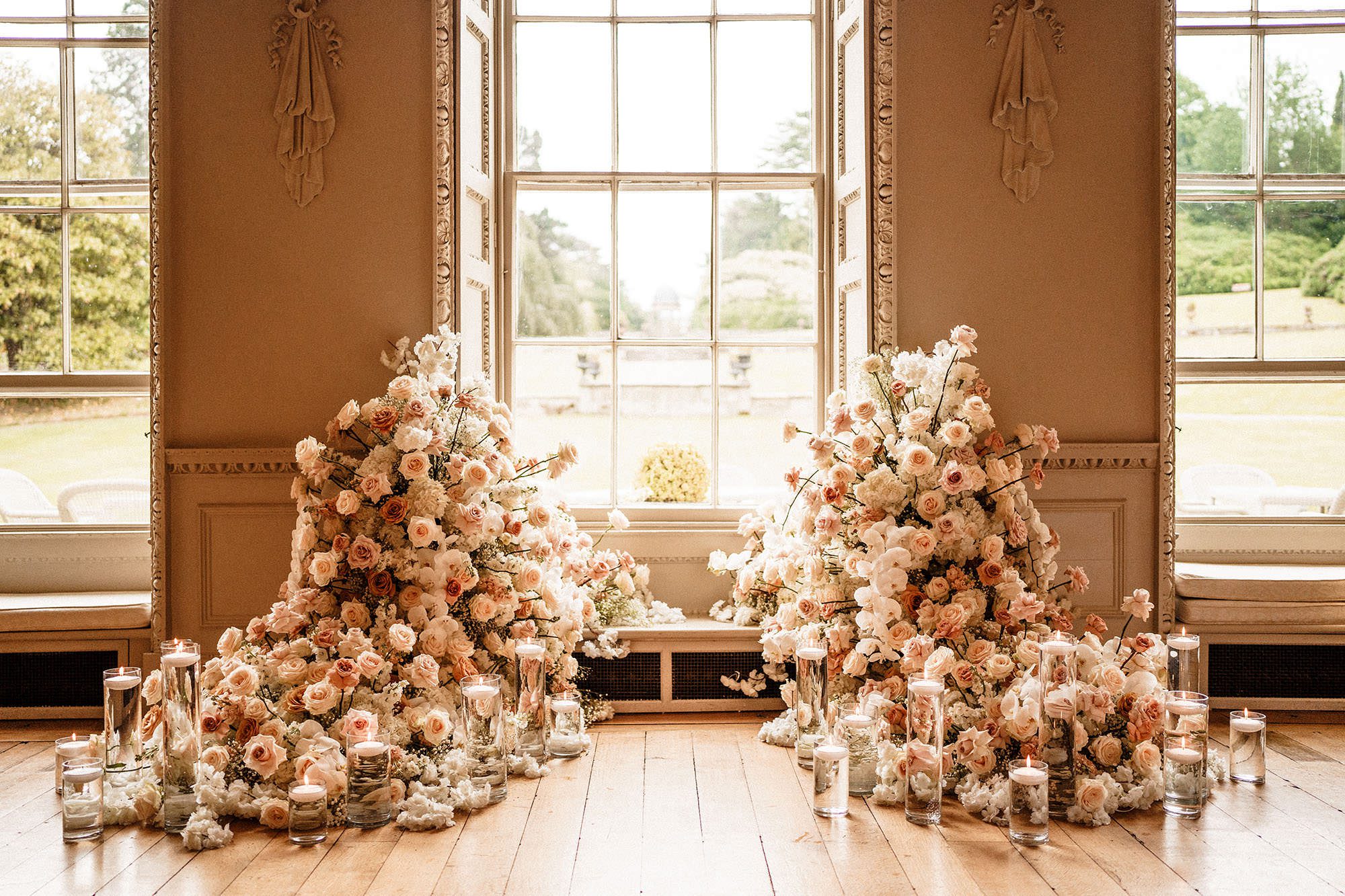 incredible flowers inside at Hawkstone Hall wedding