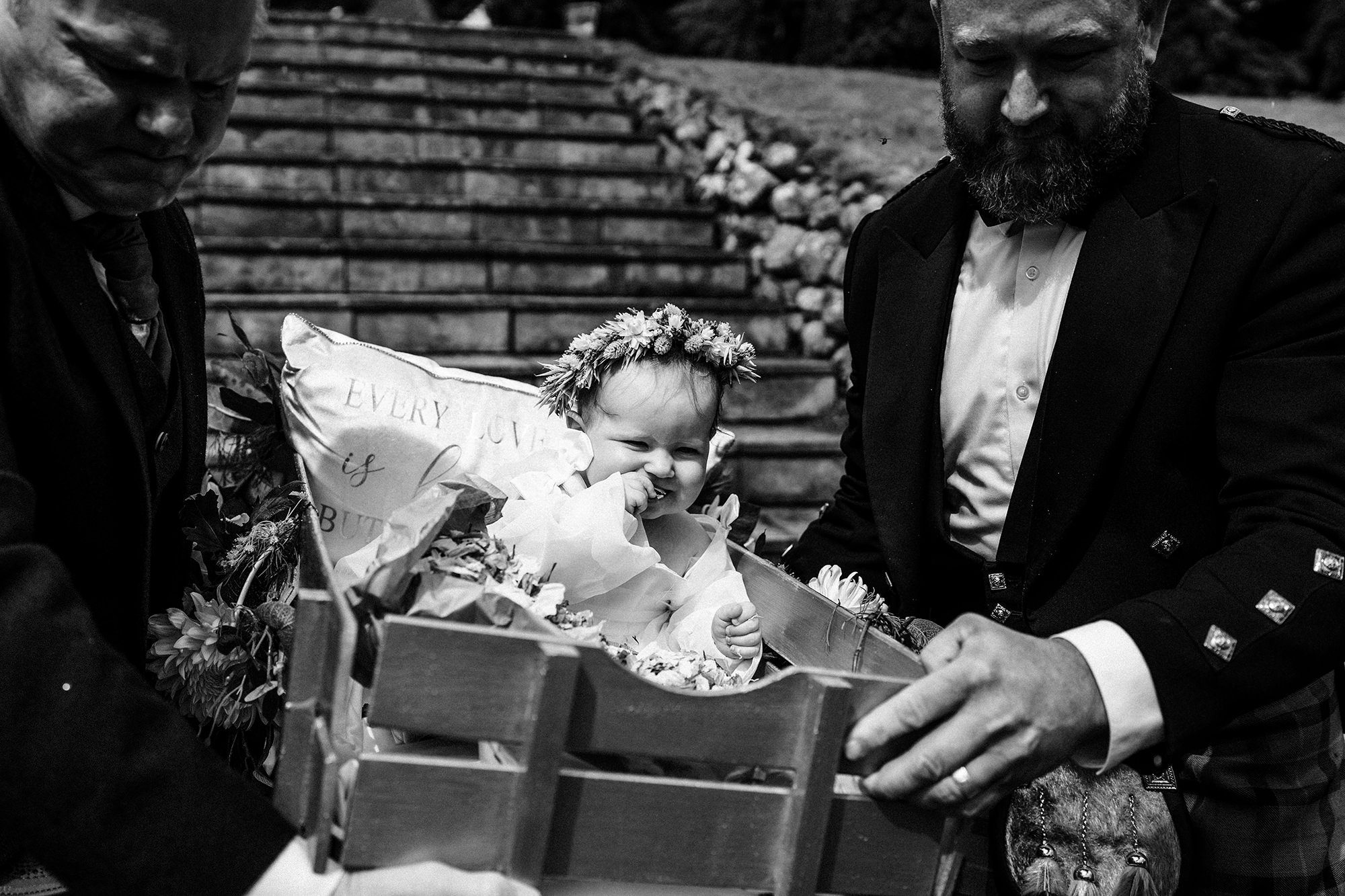 daugher of bride and groom in dress at Achnagairn Castle