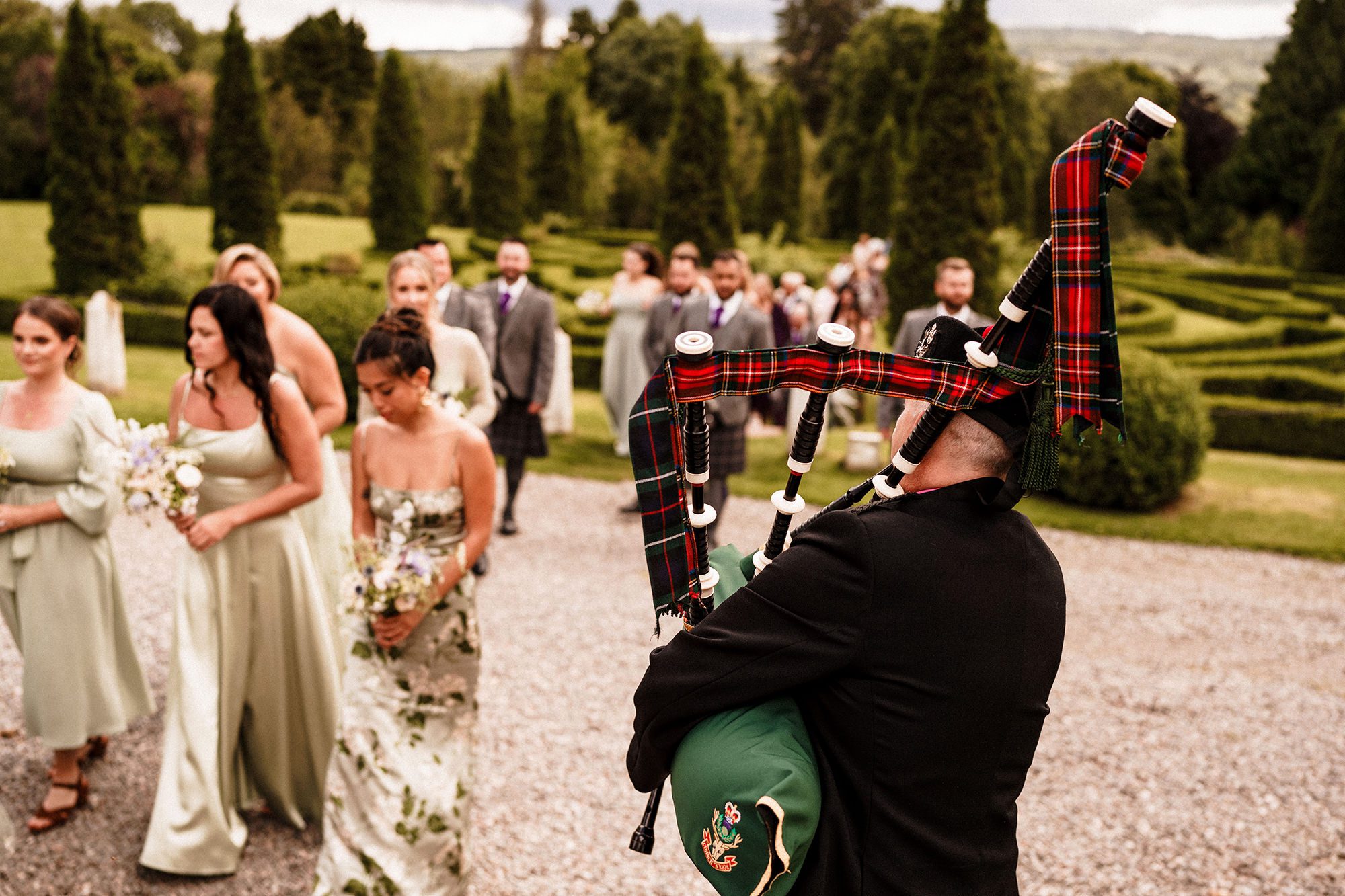 bagpipes being played at scotland wedding at Achnagairn Castle