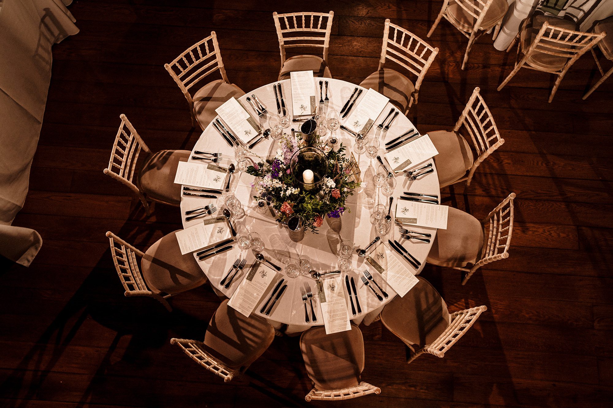 view of wedding table setup at Achnagairn Castle
