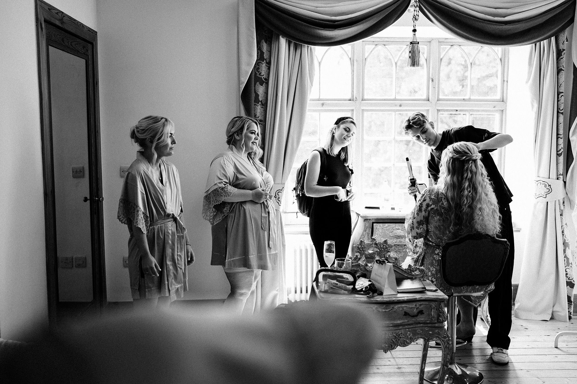 bridesmaids with the bride on wedding morning at Achnagairn Castle